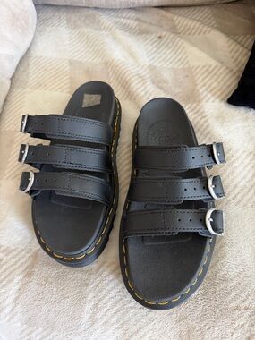 Dr. Martens Black Triple-Buckle Slide Sandals with Yellow Stitching